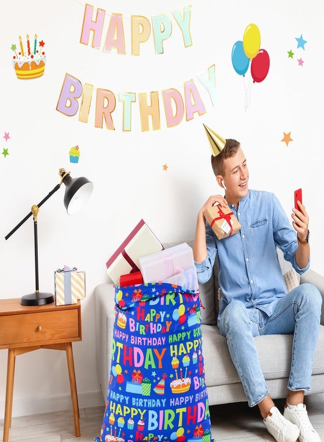 Pickmesh 1 Pcs Happy Birthday Drawstring Gift Bag 20 x 28 Inch Extra Large Baby Shower Bag Reusable Fabric Blue Baby Shower Wrapping Pouch for Gender Reveal Gift Wrapping Decoration(Blue Birthday) - Image 4